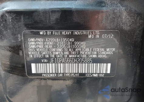 2013 Subaru Impreza 2.0I Sport Limited from USA, damaged, VIN JF1GPAS66DH205885